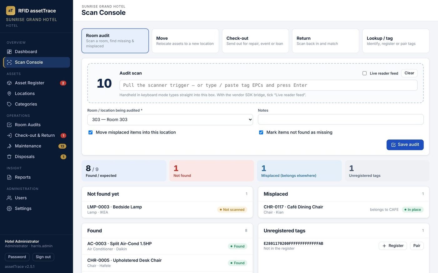 assetTrace room audit with found, missing and misplaced results
