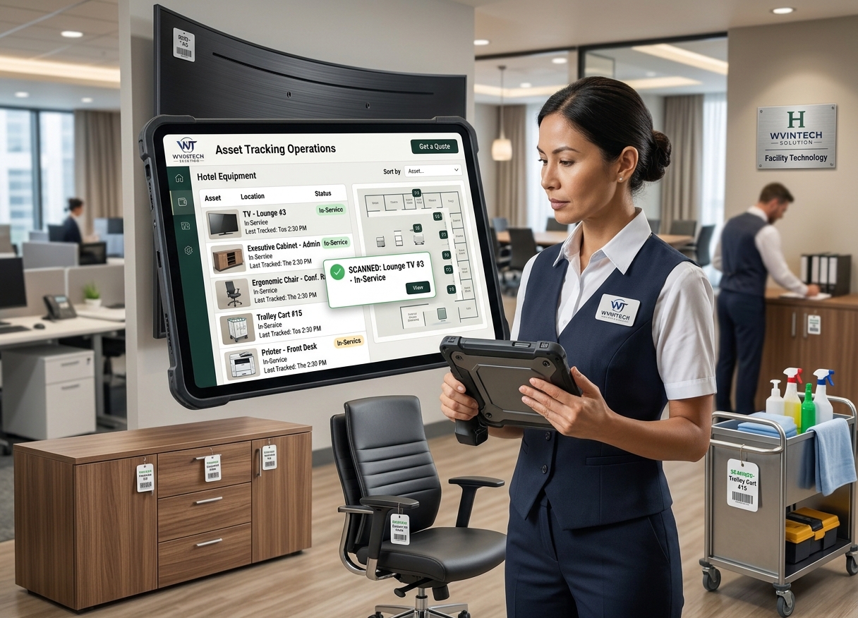 Staff member viewing the Asset Tracking Operations dashboard on a tablet, showing tagged equipment status
