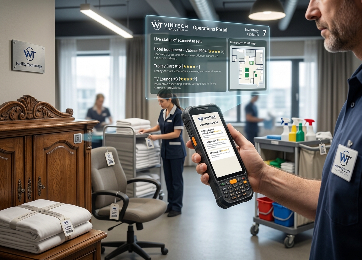 Staff scanning tagged hotel equipment with a handheld RFID reader and live operations portal overlay