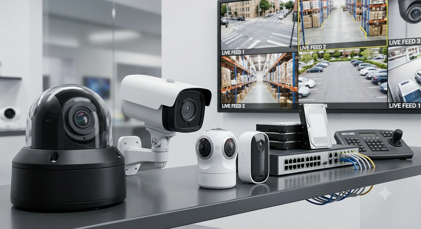 Range of CCTV camera hardware with live feed monitor display