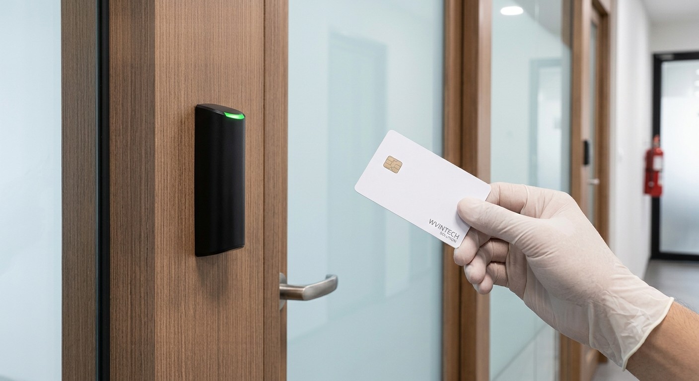Hand tapping an RFID access card against a door reader