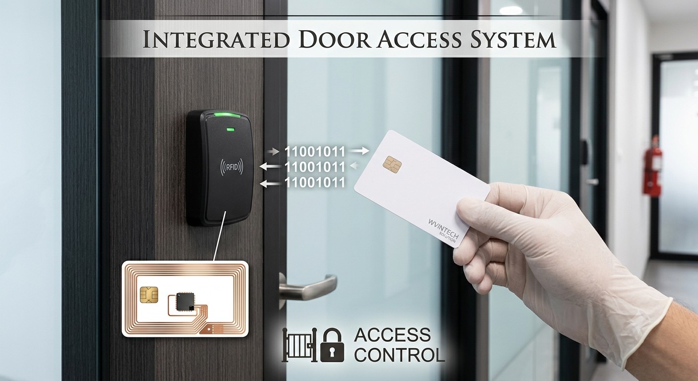 Diagram of an integrated RFID door access system showing the card, chip, and reader