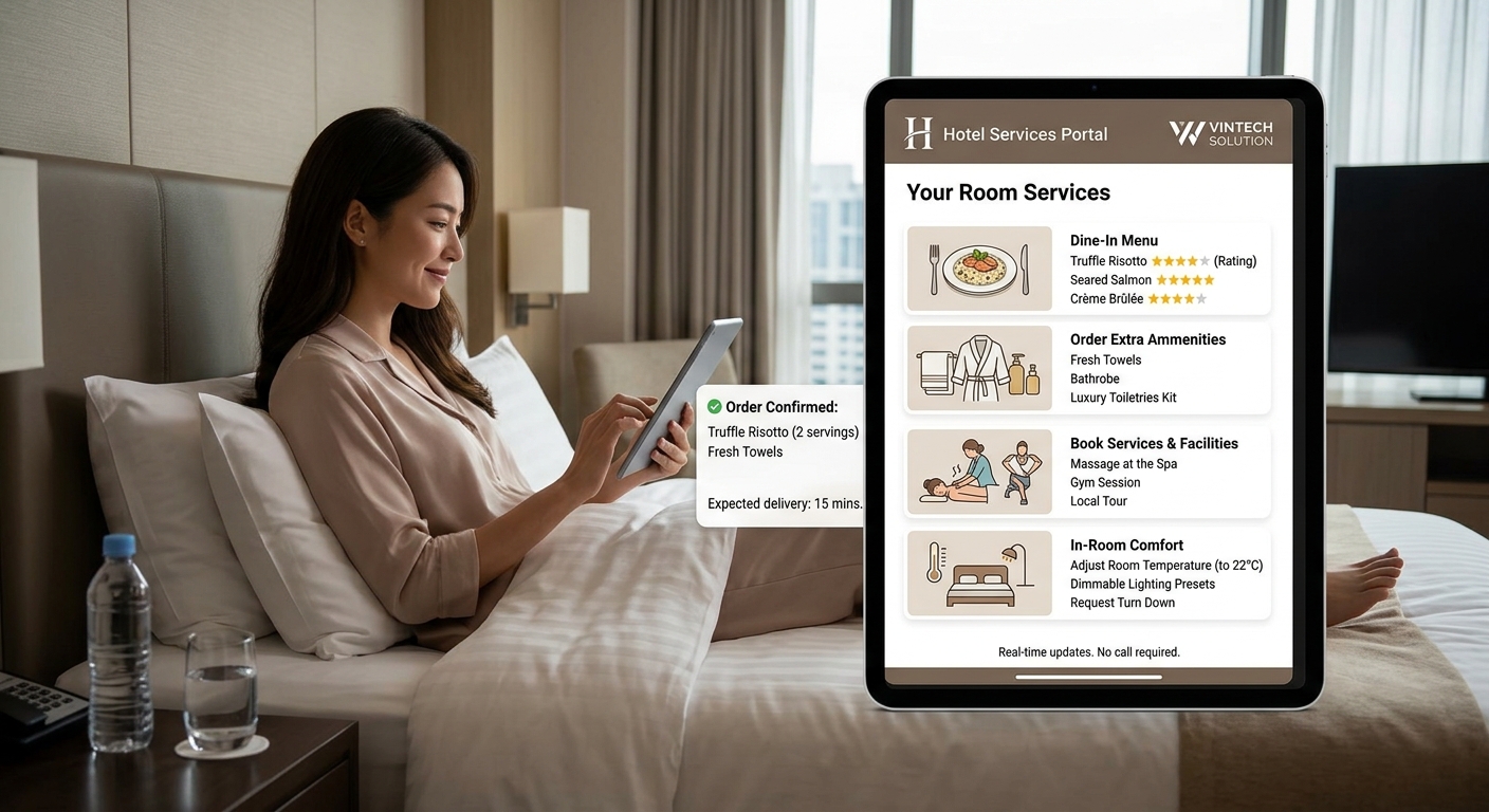 Guest in bed viewing an order confirmation on a tablet after submitting a service request