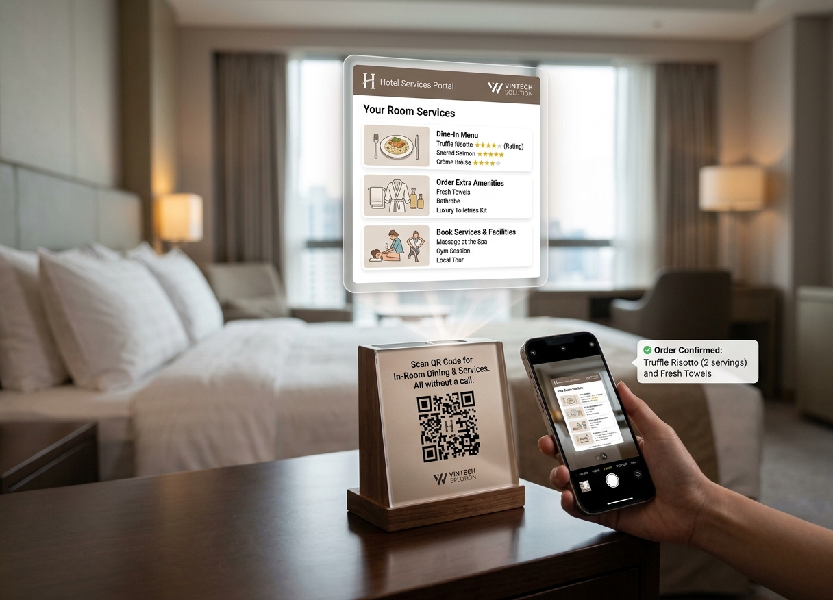 Hotel room with a QR code stand and phone showing the Hotel Services Portal