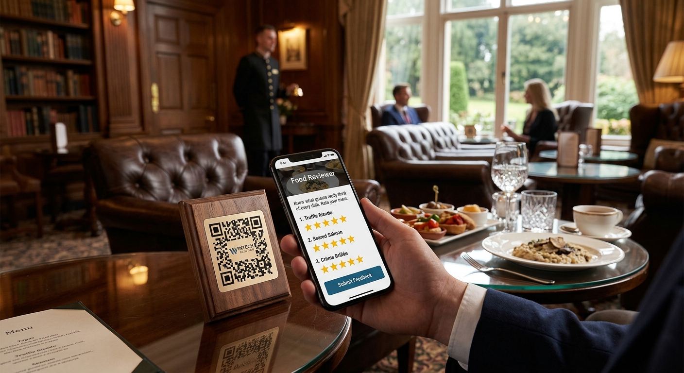 Guest rating individual dishes on a phone in a hotel lounge, with a QR code plaque on the table