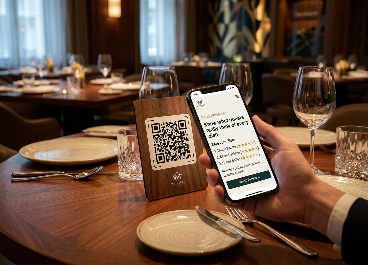 Restaurant table QR code stand with a phone showing the Food Reviewer rating screen