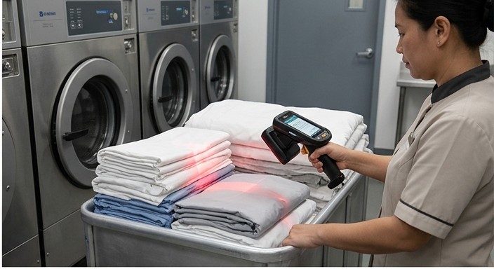 Staff member using a handheld RFID scanner on folded linen