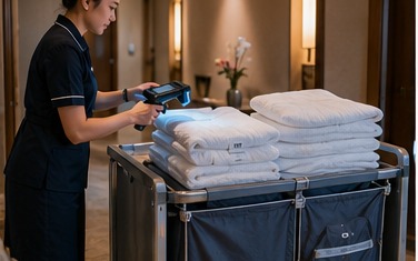Housekeeping staff scanning tagged linen on a cart in a hotel corridor