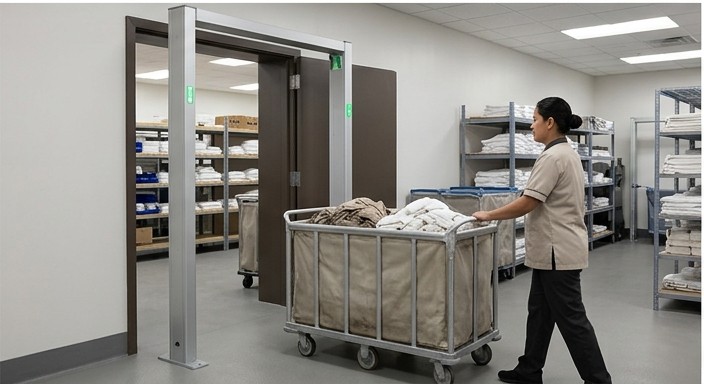Laundry room with RFID-tagged linen cart and storage shelving