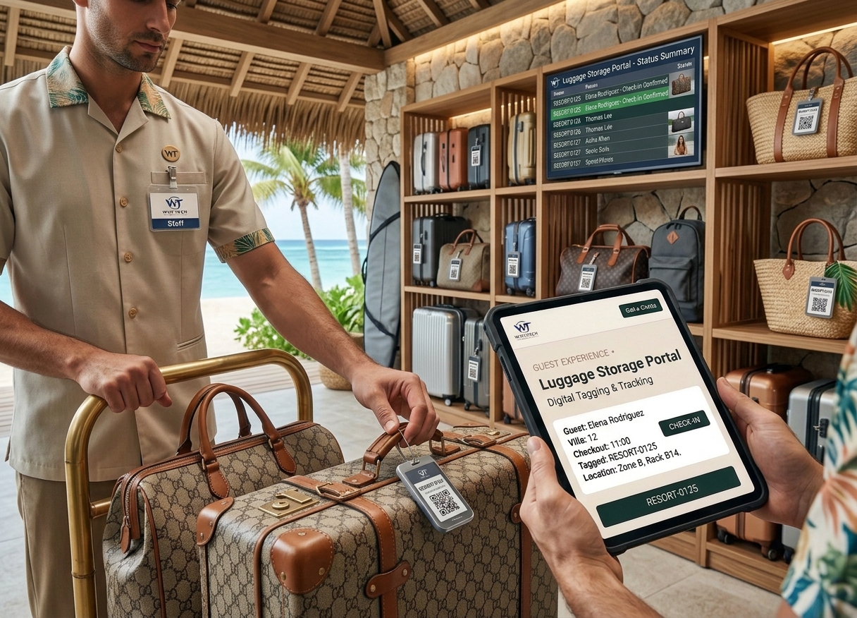 Staff tagging a guest suitcase with a digital luggage tag, tablet showing check-in and storage location details