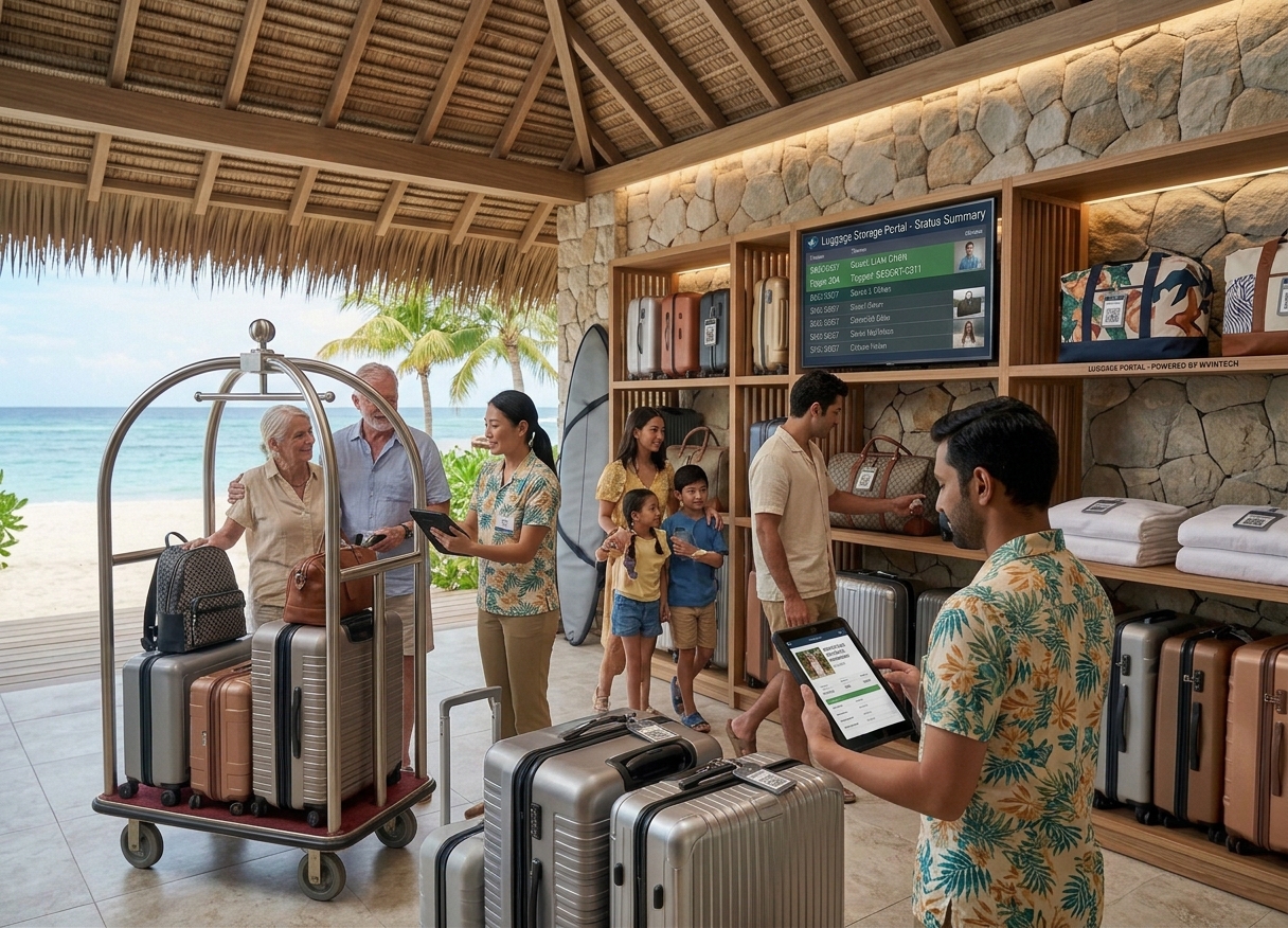 Family checking in luggage at a resort lobby using the Luggage Storage Portal