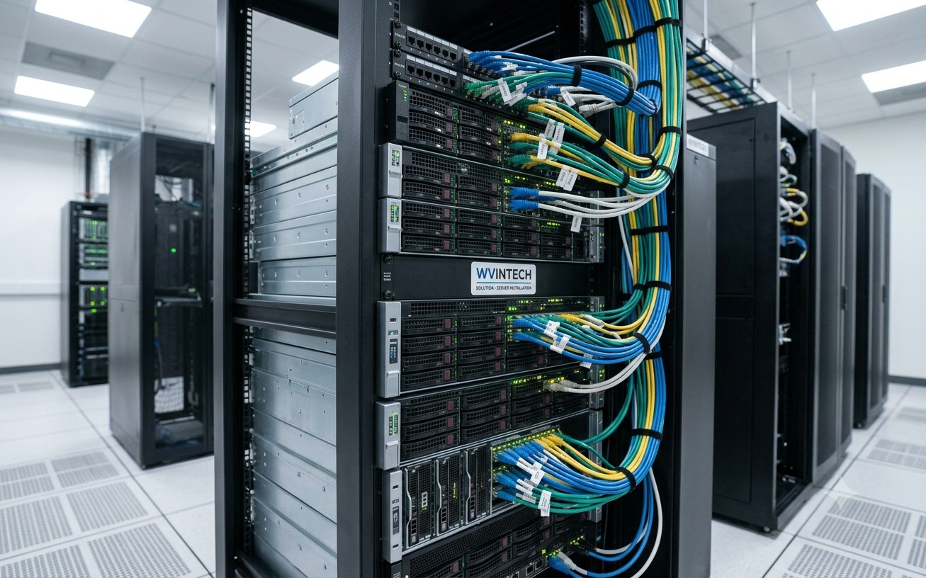 WVINTECH-labeled server rack with organized cabling in a data room