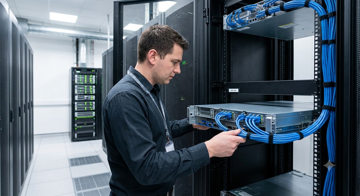 Technician installing a server unit into a rack
