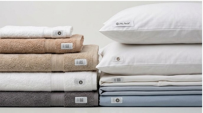 Folded hotel linen with RFID tags attached, stacked and ready for distribution